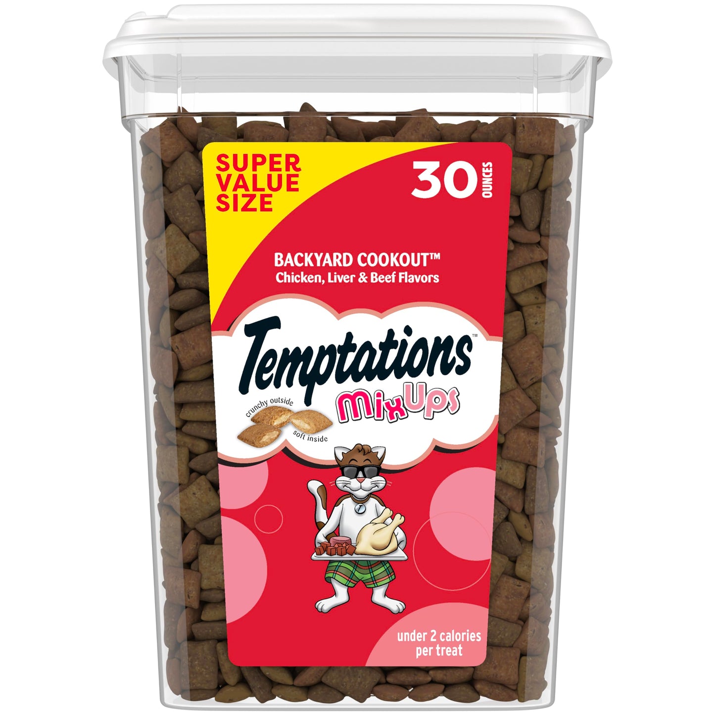 HOTTemptations MixUps Crunchy and Soft Cat Treats, Cookout Flavor, 30 oz | Chicken, liver & beef flavors, under 2 calories per treat, 100% complete & balanced for adult cats, resealable stay-fresh tub
