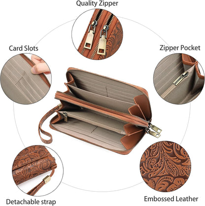 HOTGOIACII Women's Wallet Wristlet Ladies Phone Purse RFID Blocking Large Card Holder Double Zip Grip Strap Vegan Leather