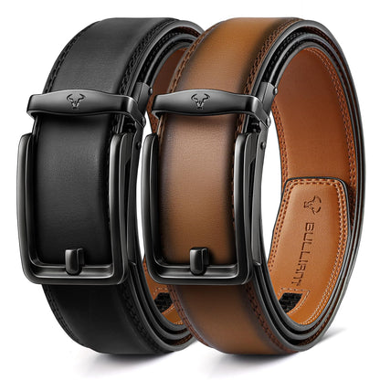 HOTBULLIANT Men Ratchet Belt 2 Pack, Click Sliding Leather Belt Adjustable for Gift Men Dress Casual Jeans 1 3/8,Cut for Fit