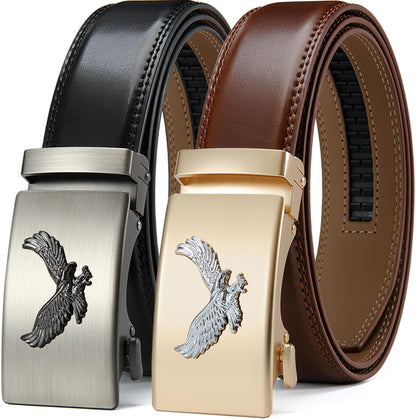 HOTDOOPAI Men's Leather Ratchet Belts 2 Pack Adjustable Click Belt Set for Dress & Casual, Custom Fit 1 3/8" (35mm) -Trim to Fit