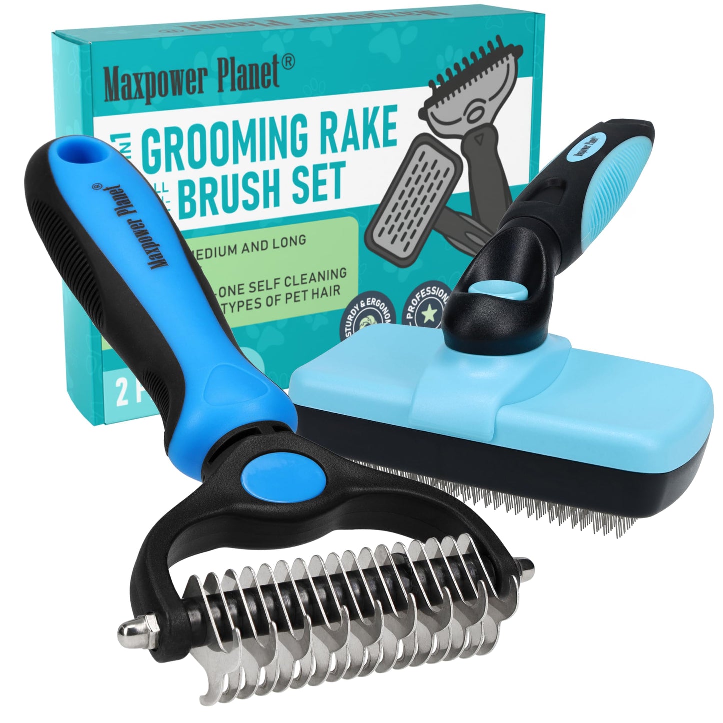 HOTMaxpower Planet Original Pet Grooming Rake - Double-Sided Deshedding Dematting Tool, Undercoat Rake for Dogs & Cats, Extra-Wide Dog Grooming Brush & Deshedder Comb for Long Hair, Reduces Shedding 95%