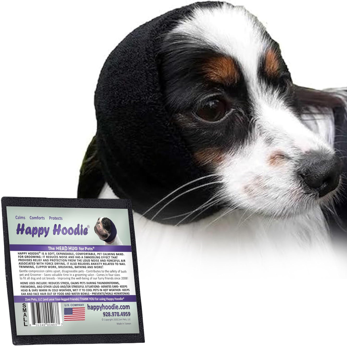 HOTHappy Hoodie The Original Dog & Cat Calming Band - American Brand - Anxiety Relief/Noise Protection - Grooming - Thunder - Fireworks (Large, Black) - Since 2008