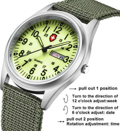 HOTGosasa Unisex Military Analog Field Watch with Nylon Strap, Luminous Easy Read Dial, Sport Tactical Casual Quartz Wristwatch, Daily Water Resistant