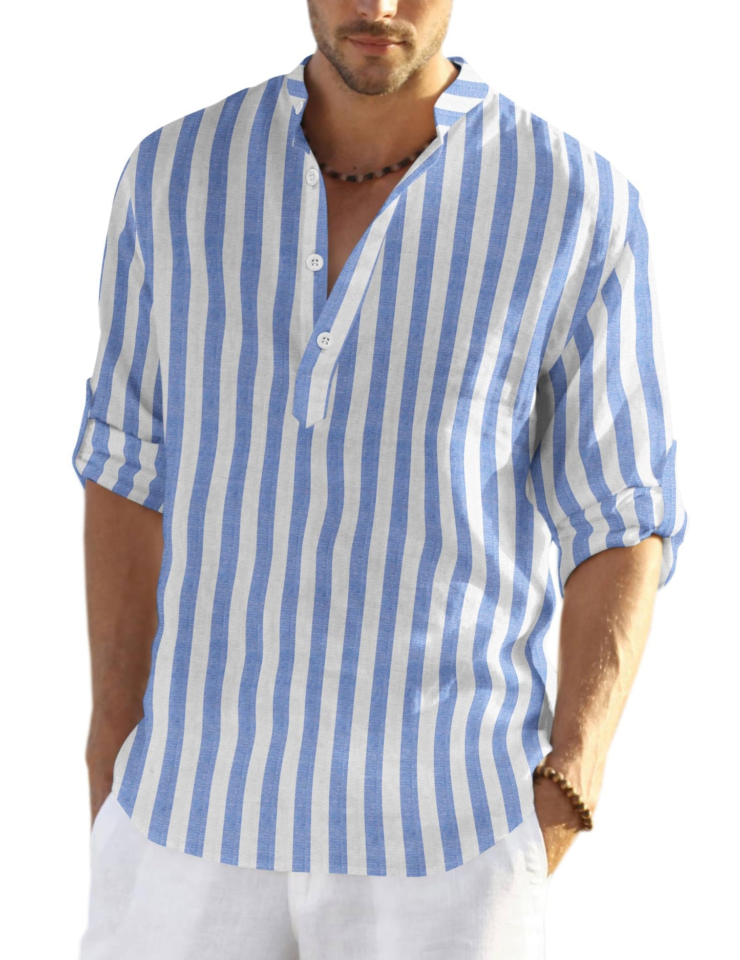HOTCOOFANDY Men's Cotton Linen Henley T-Shirt Long Sleeve Hippie Casual Beach T-Shirts