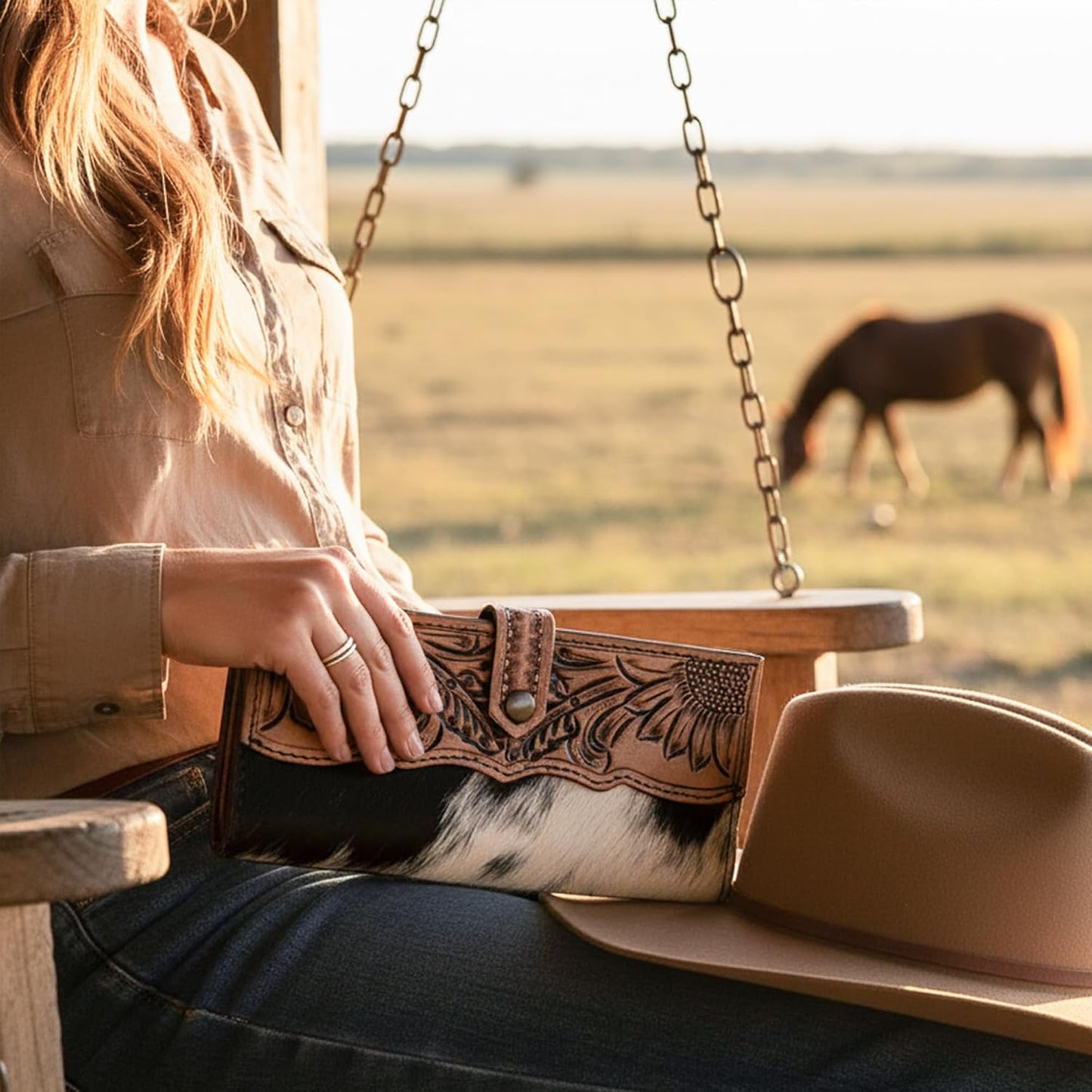 HOTMerbaa Cowhide Leather Wallet for Women | Handmade Floral Tooled Long Clutch with Snap Closure | Western Style Purse | Rustic Cowgirl Bag