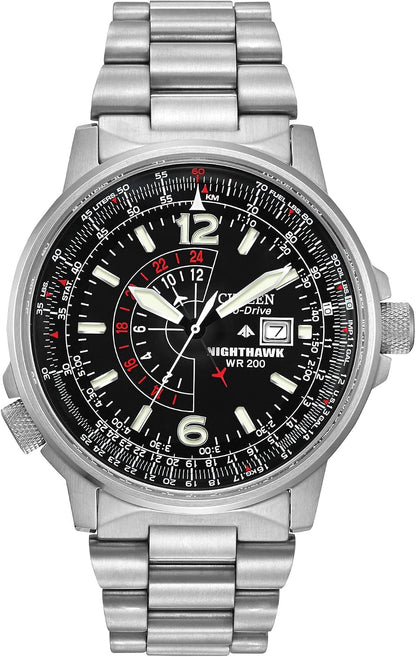 HOTCitizen Men's Eco-Drive Promaster Air Nighthawk Pilot Stainless Steel Watch, Luminous, Black Dial, 42mm (Model: BJ7000-52E)