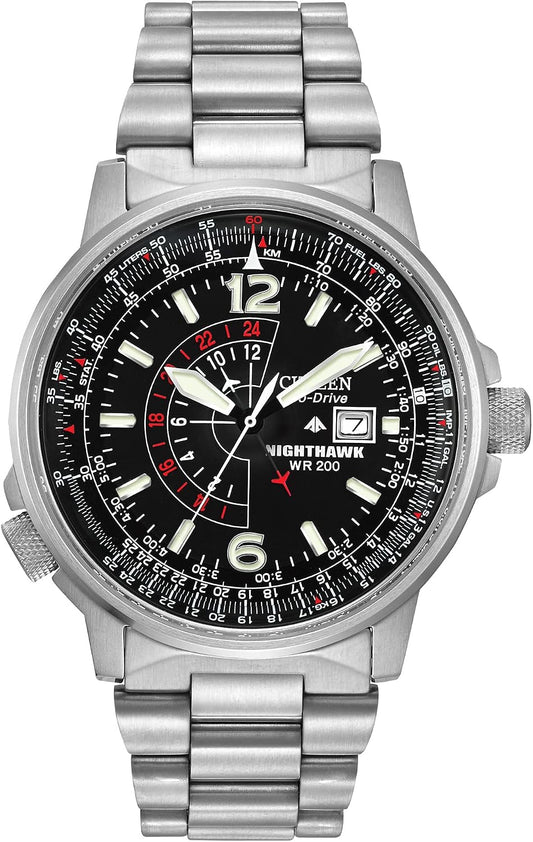 HOTCitizen Men's Eco-Drive Promaster Air Nighthawk Pilot Stainless Steel Watch, Luminous, Black Dial, 42mm (Model: BJ7000-52E)