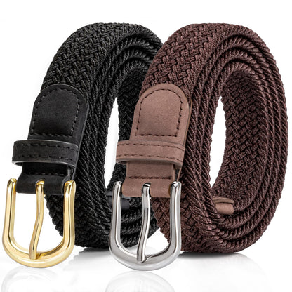 HOT2 Pack Braided Belt for Women, Elastic Woven Stretch Fabric Cloth Belt with Gold Buckle