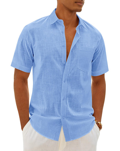 HOTMens Linen Textured Shirt Cotton Short Sleeve Summer Button Down Shirts | 100% Cotton, Linen-look Texture, Casual Wear, Breathable Feel, Lightweight, Untucked, Regular Fit, Beach, Vacation, Resort