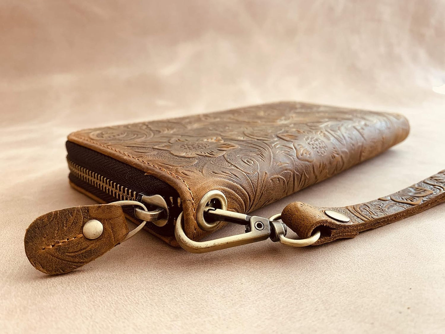 HOTGeneric Women's Long Wallet Organizer, Zipper Wallet, Wristlet Wallet, Brown Floral Top Grain Cowhide Leather Wallet for Women