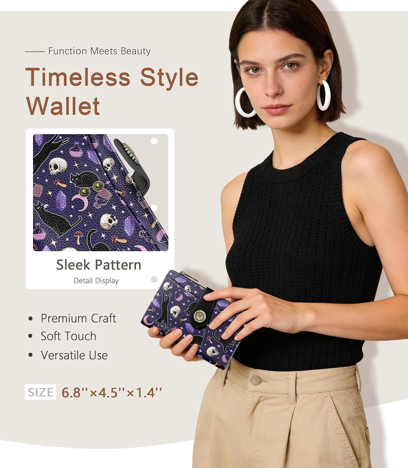 HOTGoth Black Cat Wallet Women RFID Skull Passport Credit Card Holder | Travel billfold, Zipper Coin Pocket, PU Leather, Clutch, Cash Purse, 1 ID Window, Ticket, Pen Holder, Gift for Ladies Girls