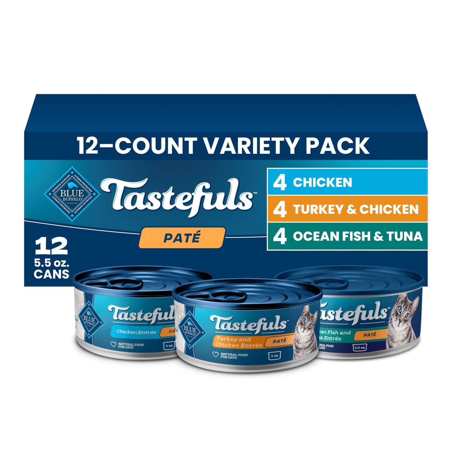 HOTBlue Buffalo Tastefuls Flaked Adult Wet Cat Food Variety Pack (Tuna, Chicken, Fish & Shrimp), Natural Ingredients Enhanced with Vitamins, Minerals & Other Nutrients, 3-oz. Each (12 Cans)