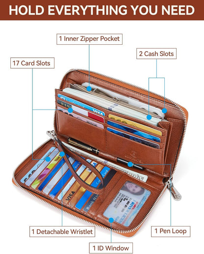 HOTBOSTANTEN Leather Wallet for Women RFID Blocking Zip Around Credit Cards Holder Phone Clutch