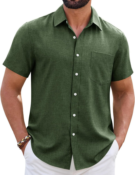 HOTMens Linen Shirt Short Sleeve Wrinkle Free Casual Untucked Button Down Shirts Beach Breathable Tops Summer