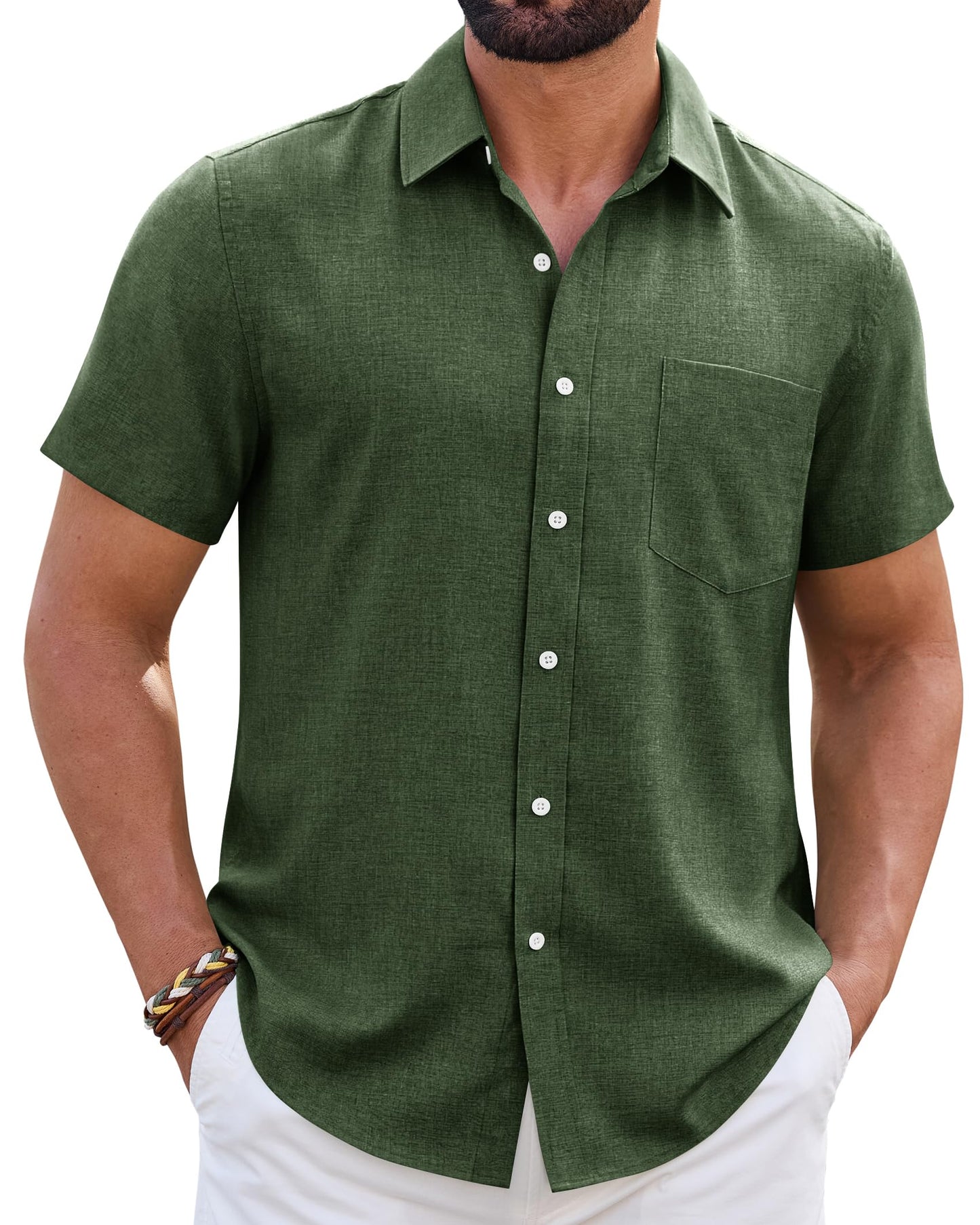 HOTMens Linen Shirt Short Sleeve Wrinkle Free Casual Untucked Button Down Shirts Beach Breathable Tops Summer