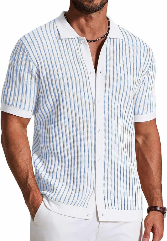 HOTCOOFANDY Mens Knit Button Down Shirts Short Sleeve Polo Shirt Vintage Striped Casual Shirts