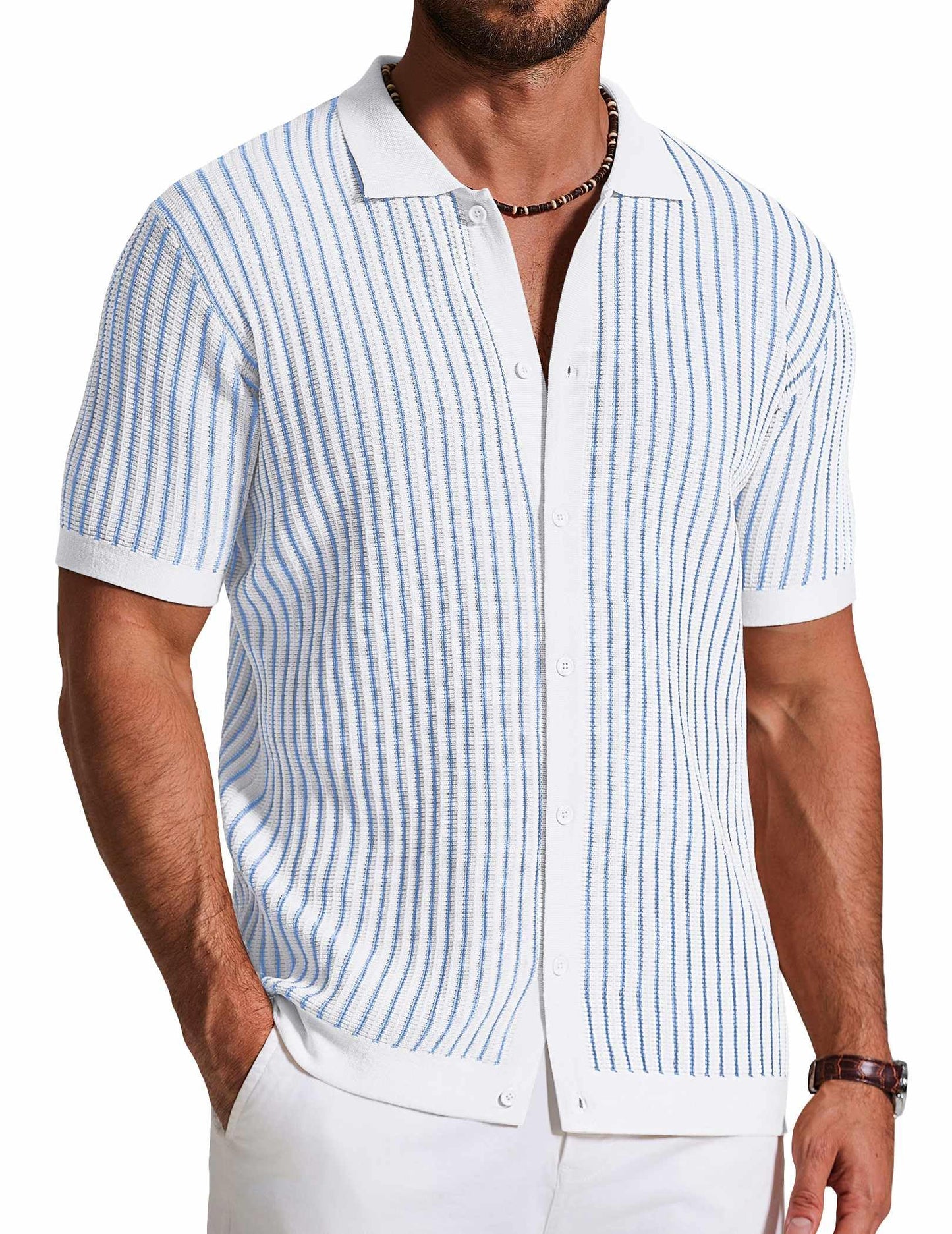 HOTCOOFANDY Mens Knit Button Down Shirts Short Sleeve Polo Shirt Vintage Striped Casual Shirts