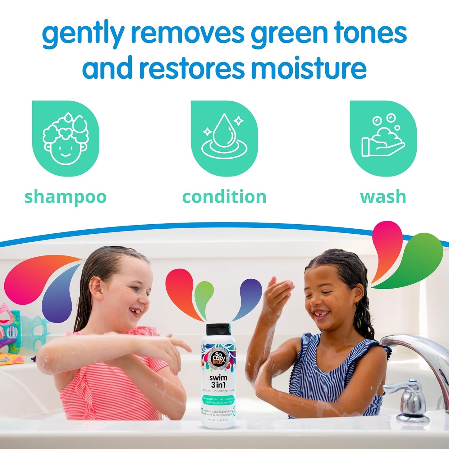 HOTSoCozy Kids Swim 3-in-1 Shampoo, Conditioner & Body Wash - 3-in-1 Combo Pool Shampoo & Conditioner for Swimmers - Salt & Chlorine Removing Activated Charcoal