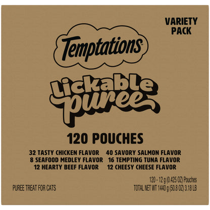HOTTemptations Creamy Puree Cat Treats, Beef, Chicken, Salmon & Tuna, 48 Count | Beef, Salmon, Chicken & Tuna, under 15 cal/tube, no added sugar or fillers, senior-friendly, meal topper or hand-feed