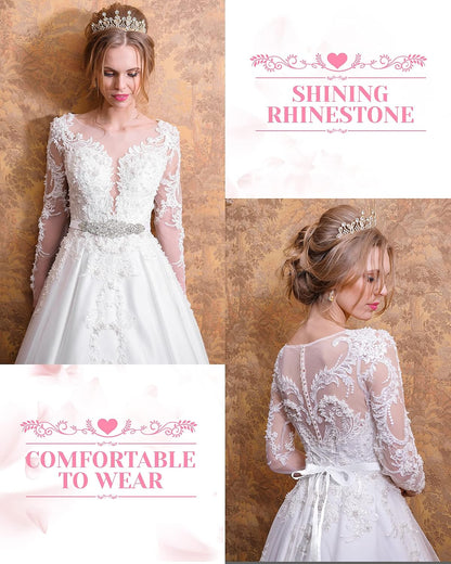 HOTSATINIOR 2 Pieces Rhinestone Bridal Wedding Dress Sash Belt Crystal Diamond Ribbon Wedding Belts for Bridesmaid Dress (White)
