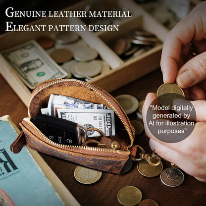 HOTGexmil Genuine Leather Coin Purse with Zipper, Mini Coin Pouch | Full Grain Leather Bag for Women Men,Change Wallet,Zipper Closure,Earbuds Chargers Cables,Floral Brown