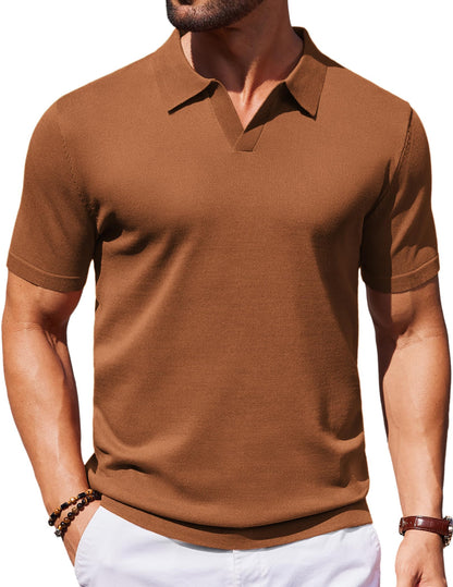 HOTCOOFANDY Men's V Neck Short Sleeve Stretch Knit Polo Shirt