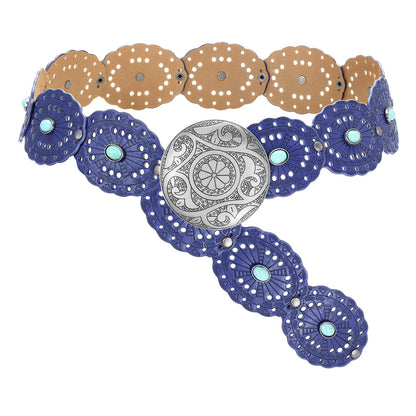 HOTSUOSDEY Wide Western Disc Belt with Turquoise Women Cowgirl Cowboy Boho Country Leather Belts for Jeans Dress, Width 2.36"