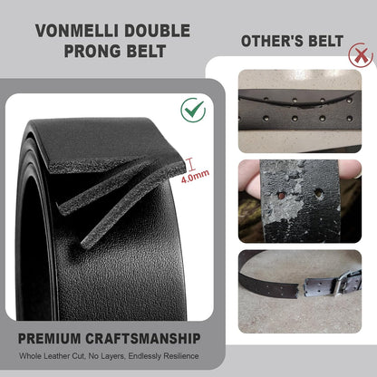 HOTVONMELLI Mens Leather Double Prong Belt Work Casual Belts for Men Black Belt with Heavy Duty Dual Holes for Jeans