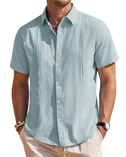 HOTMens Linen Textured Shirt Short Sleeve Button Down Cuban Guayabera Shirt | 100% Cotton, Casual Wear, Lightweight Breathable, Summer Beach, Untucked, Relaxed Fit, Vacation, Cruise, Camp, Collared