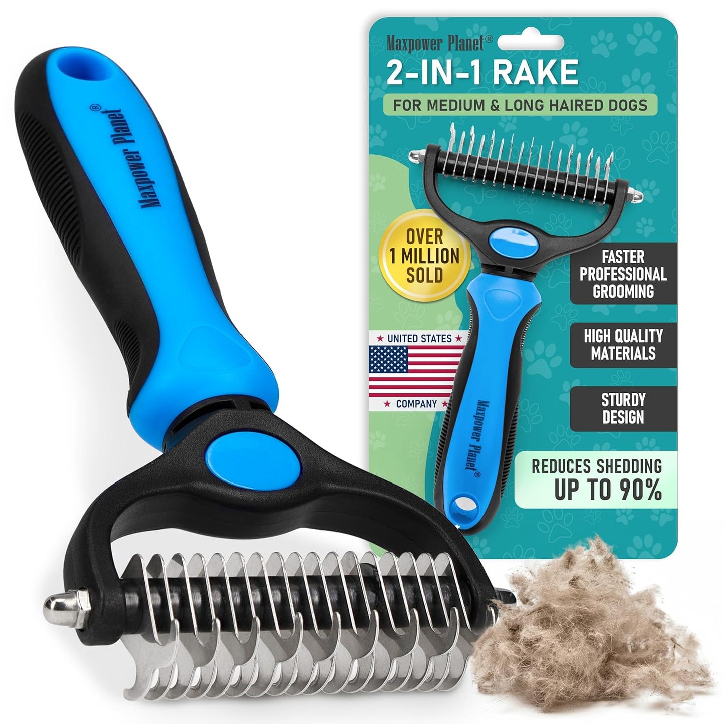 HOTMaxpower Planet Original Pet Grooming Rake - Double-Sided Deshedding Dematting Tool, Undercoat Rake for Dogs & Cats, Extra-Wide Dog Grooming Brush & Deshedder Comb for Long Hair, Reduces Shedding 95%