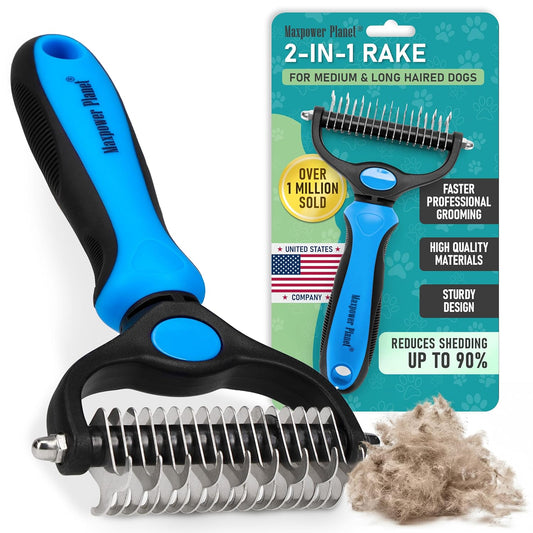 HOTMaxpower Planet Original Pet Grooming Rake - Double-Sided Deshedding Dematting Tool, Undercoat Rake for Dogs & Cats, Extra-Wide Dog Grooming Brush & Deshedder Comb for Long Hair, Reduces Shedding 95%