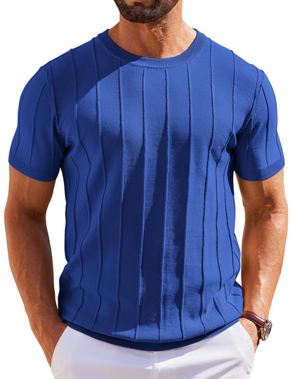 HOTCOOFANDY Men's T- Shirts Short Sleeve Knit Sweater Shirt Casual Crewneck Ribbed Pullover Tees