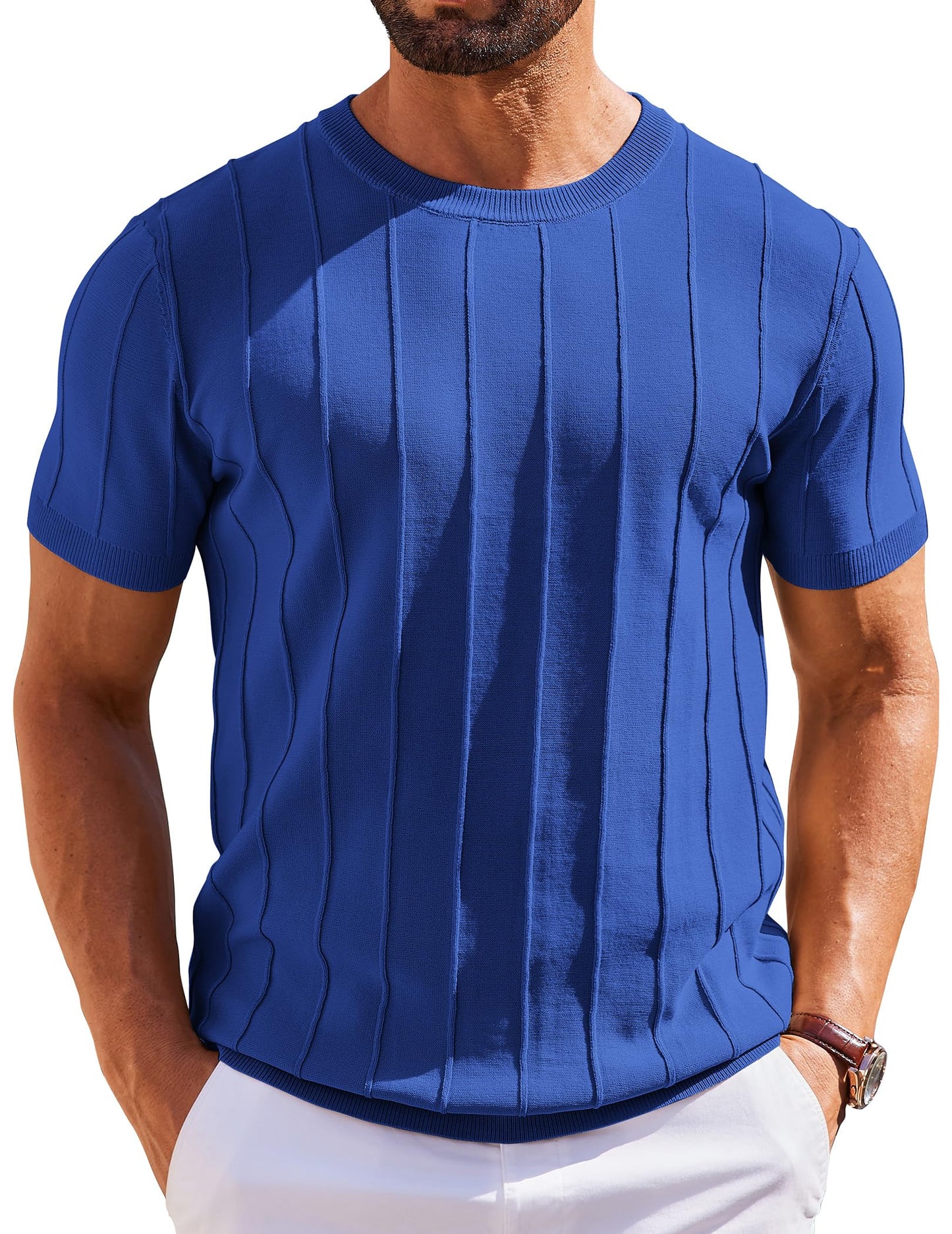 HOTCOOFANDY Men's T- Shirts Short Sleeve Knit Sweater Shirt Casual Crewneck Ribbed Pullover Tees