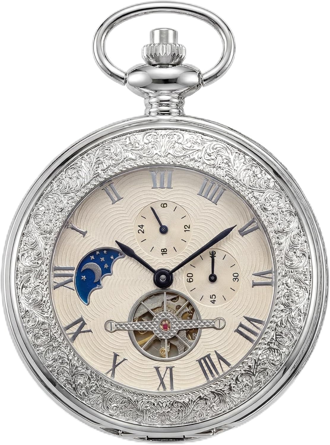 HOTOBTAIN Vintage Mechanical Pocket Watch - Exquisite Double-Sided Floral Engraved Case, Single Hunter Skeleton Design, Antique Silver Hand-Winding Watch with 25cm Chain, Gift Box for Men