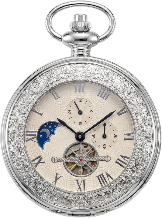 HOTOBTAIN Vintage Mechanical Pocket Watch - Exquisite Double-Sided Floral Engraved Case, Single Hunter Skeleton Design, Antique Silver Hand-Winding Watch with 25cm Chain, Gift Box for Men