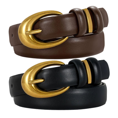 HOTTRIWORKS 2 Pack Women Leather Belt for Jeans Pants Fashion Ladies Faux Leather Belt with Gold Buckle