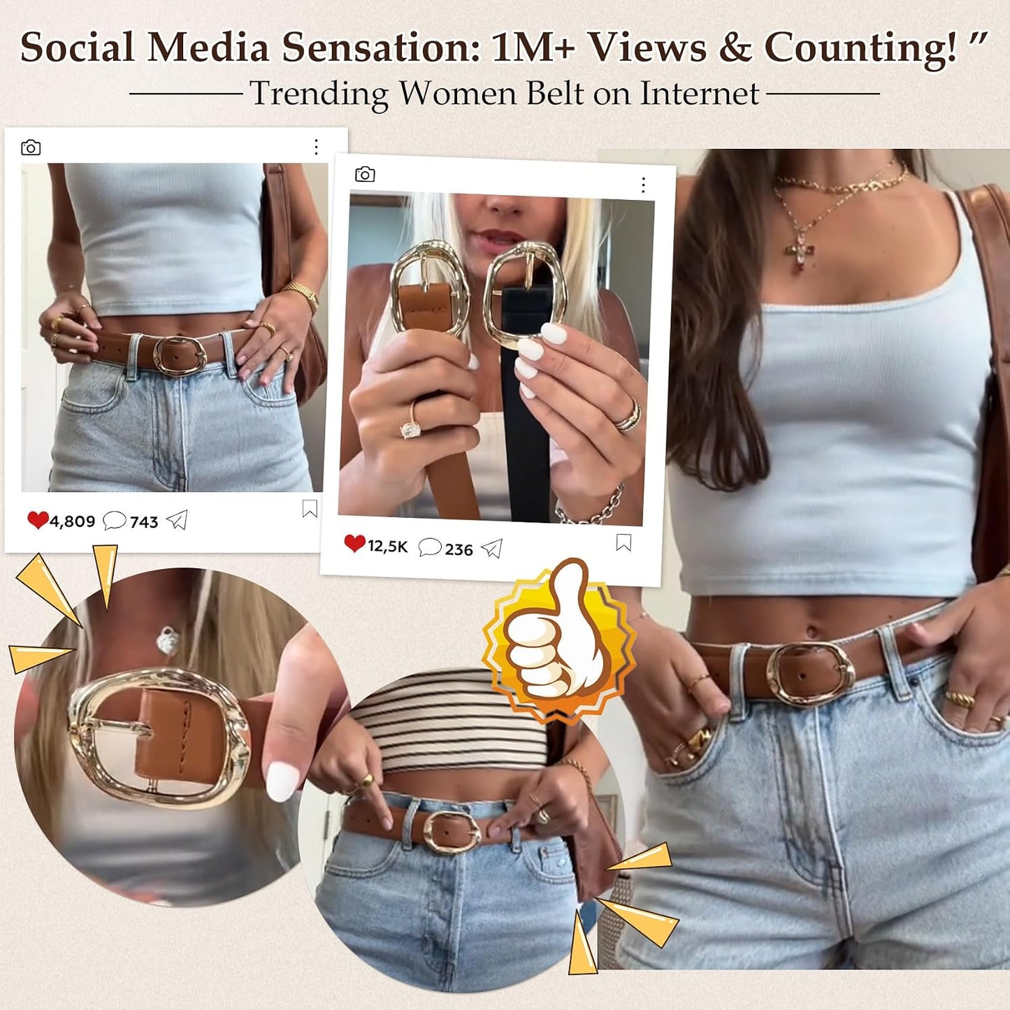 HOTJASGOOD 3 Pack Women Belts for Jeans Pants Ladies Leather Waist Belt Casual Fashion Trend Belt for Women with Gold Buckle