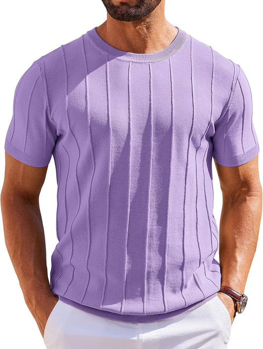 HOTCOOFANDY Men's T- Shirts Short Sleeve Knit Sweater Shirt Casual Crewneck Ribbed Pullover Tees