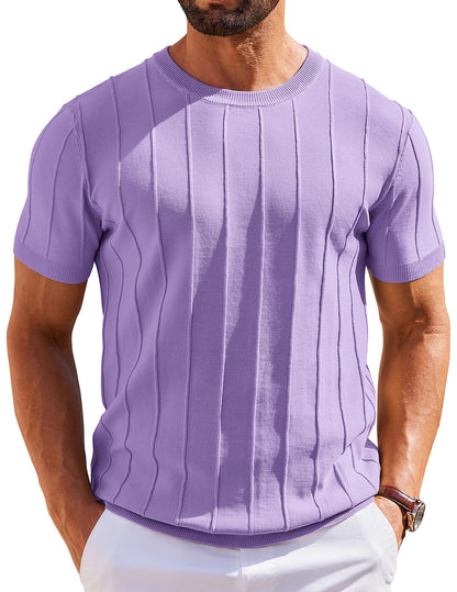 HOTCOOFANDY Men's T- Shirts Short Sleeve Knit Sweater Shirt Casual Crewneck Ribbed Pullover Tees