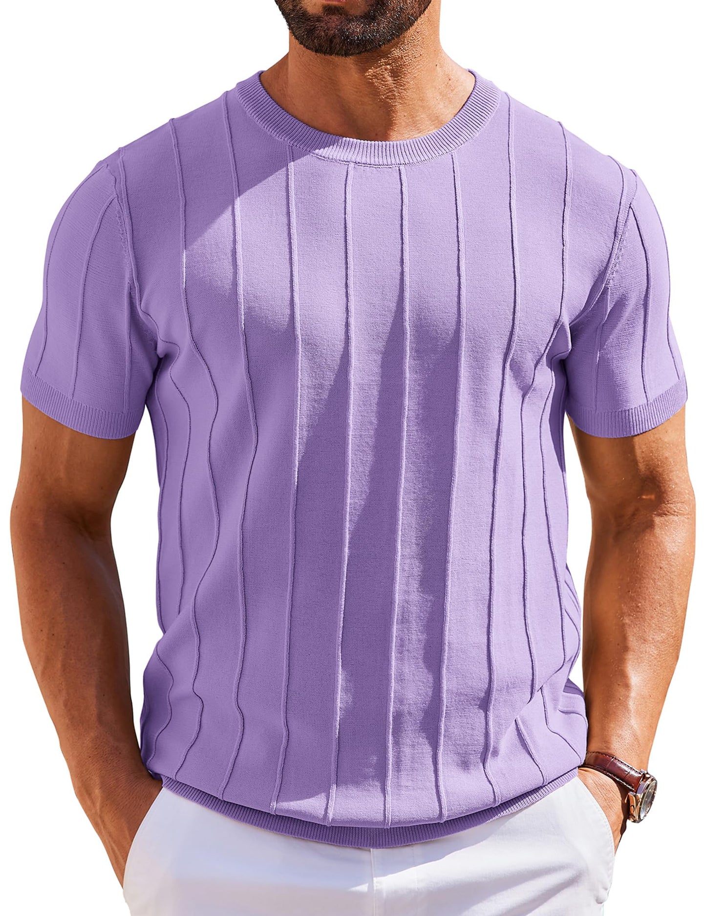 HOTCOOFANDY Men's T- Shirts Short Sleeve Knit Sweater Shirt Casual Crewneck Ribbed Pullover Tees