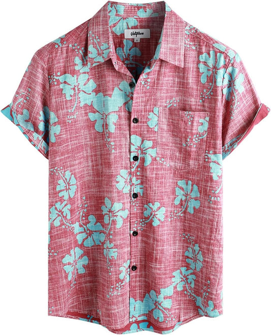 HOTVATPAVE Mens Hawaiian Shirts Casual Summer Short Sleeve Button Down Shirts | Beach, Floral, Front Pocket, Cotton, Tropical, Vacation, Vintage, Printed, Cruise, Collared, Aloha, Party, Reverse Fabric