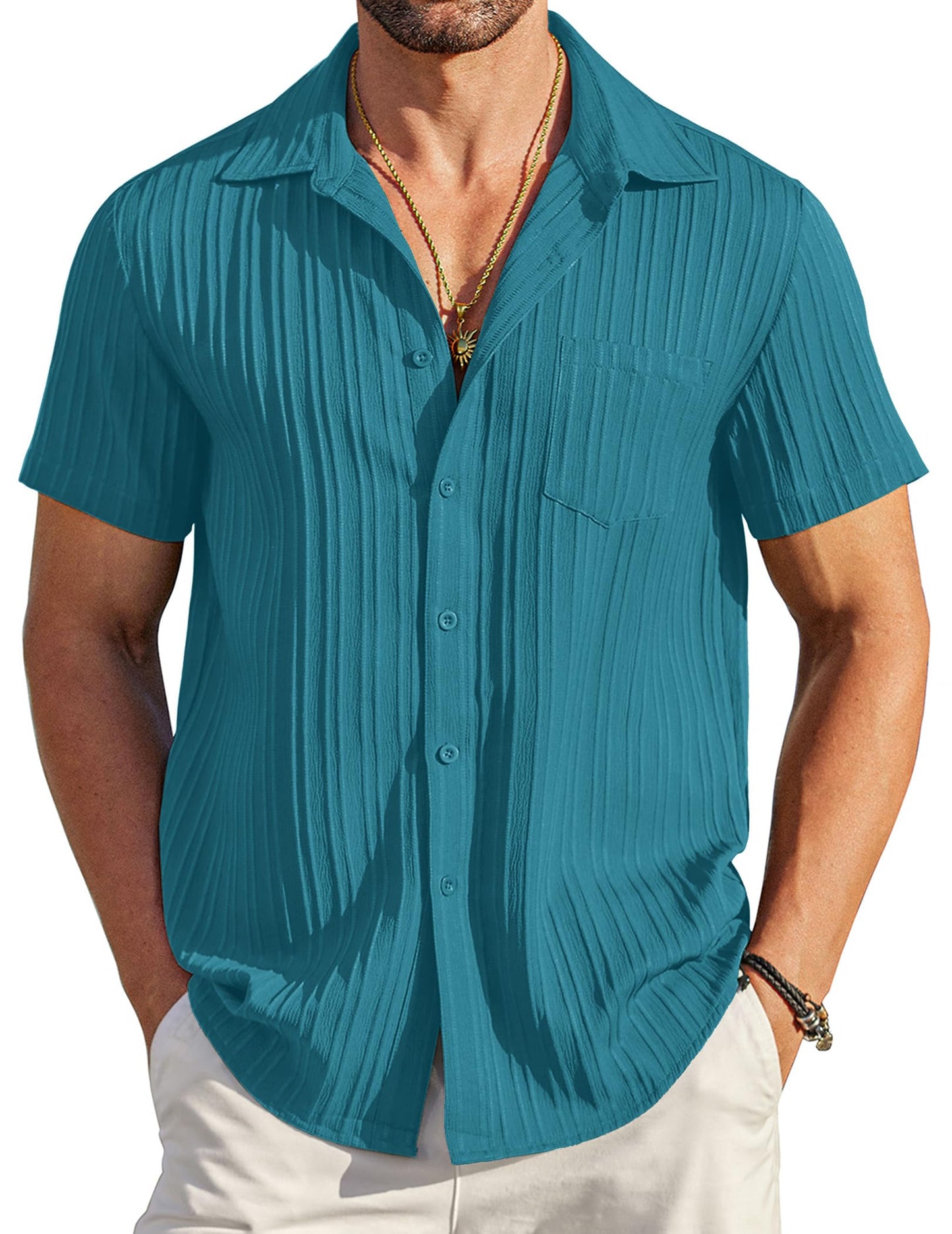 HOTCOOFANDY Men's Casual Button Down Shirts Short Sleeve Textured Summer Beach Shirt with Pocket