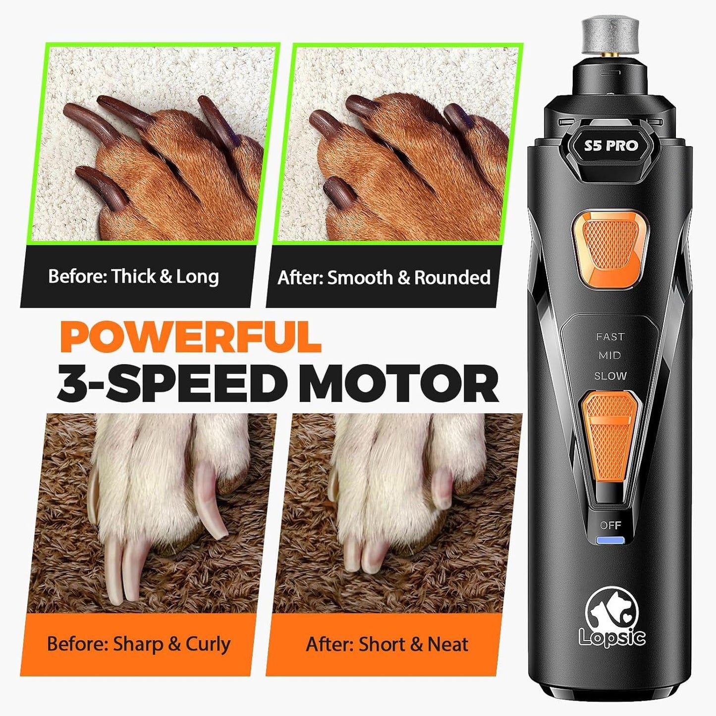 HOTWhisper Quiet Dog Nail Grinder Safe & Stress-Free for Sensitive Dogs Cats | 4 LED Lights,3 Grinding Bits, 3-Speed, Pet Nail Trimmers, Rechargeable Painless Grooming Kit for All Breeds & Sizes