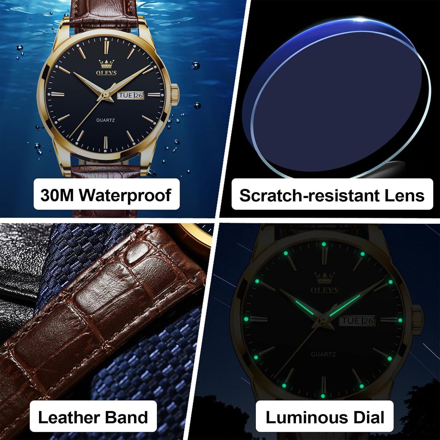 HOTQBAIZI Men's Casual Leather Watch, Easy to Read Three-Hand Analog Stainless Steel Watches for Men, Minimalist Day Date Waterproof Luminous Mens Quartz Wristwatch