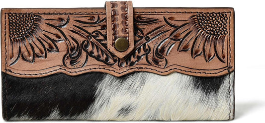 HOTMerbaa Cowhide Leather Wallet for Women | Handmade Floral Tooled Long Clutch with Snap Closure | Western Style Purse | Rustic Cowgirl Bag