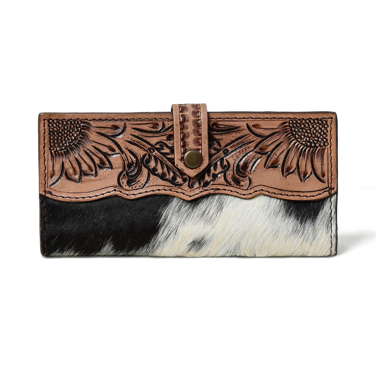 HOTMerbaa Cowhide Leather Wallet for Women | Handmade Floral Tooled Long Clutch with Snap Closure | Western Style Purse | Rustic Cowgirl Bag