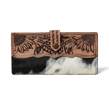 HOTMerbaa Cowhide Leather Wallet for Women | Handmade Floral Tooled Long Clutch with Snap Closure | Western Style Purse | Rustic Cowgirl Bag