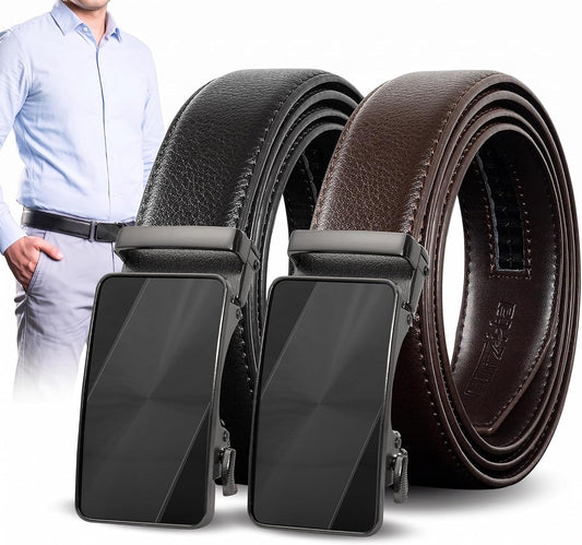 HOTMen's Leather Ratchet Belt 2 Pack,Adjustable Ratcheting Dress Belt | 1 3/8" Ratcheting Belt,Holeless Design, 1/5" Micro-Adjustments,Trim to Fit,Easy One-Hand Release with Gift Box