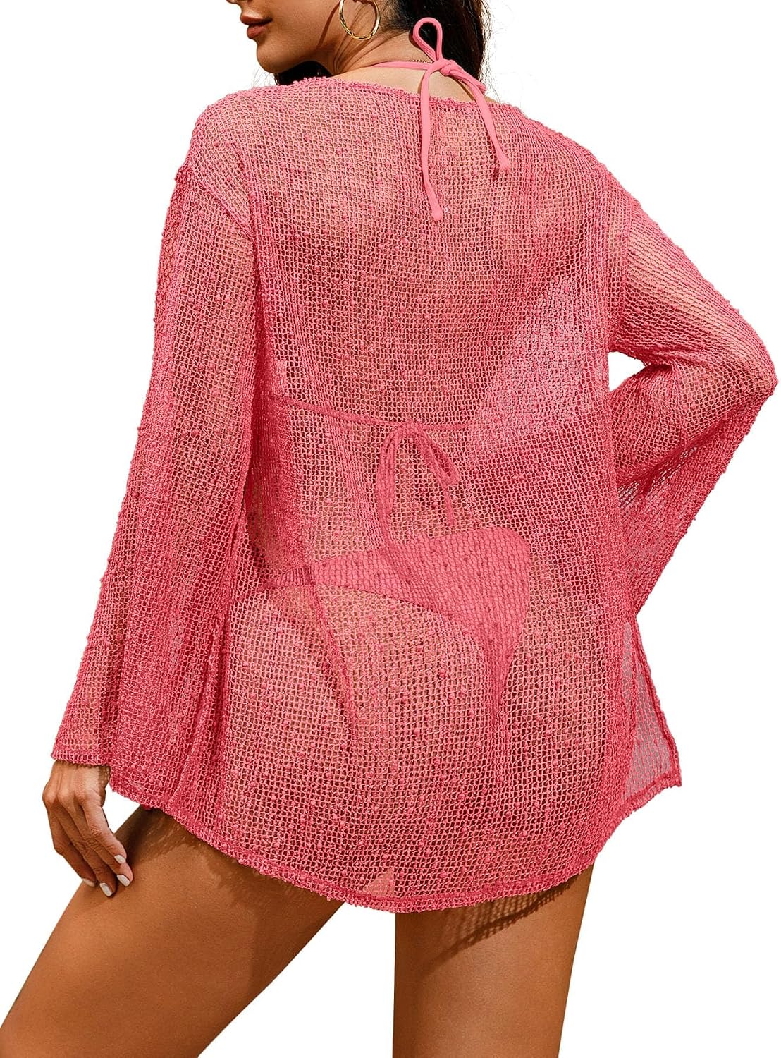 HOTLilosy Beach Swimsuit Cover Up Women Dress Bathing Suit 3XS-6XL | Sparkle Lightweight Sheer Sexy Plus Size Crochet Mesh Kaftan Long Sleeve One Piece Vacation Outfits Top Pool Summer Resort