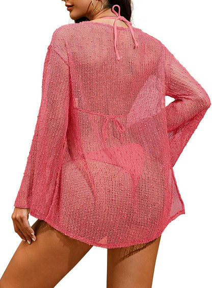 HOTLilosy Beach Swimsuit Cover Up Women Dress Bathing Suit 3XS-6XL | Sparkle Lightweight Sheer Sexy Plus Size Crochet Mesh Kaftan Long Sleeve One Piece Vacation Outfits Top Pool Summer Resort